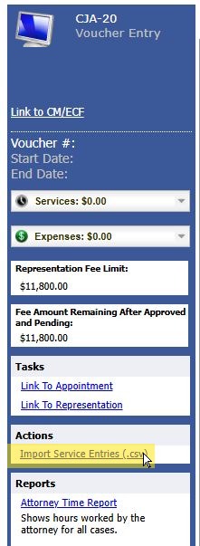 The eVoucher CJA-20 left sidebar showing the Actions section with "Import Service Entries (.csv)" link highlighted