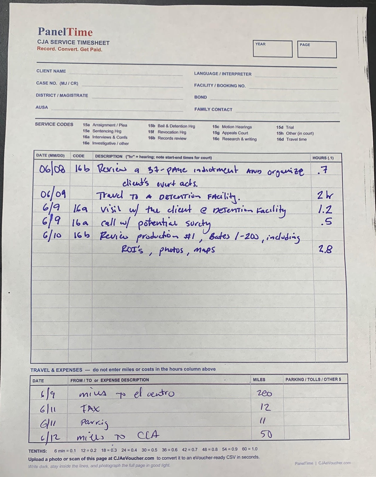 Attorney CJA-20 timesheet example with services and travel/expenses table