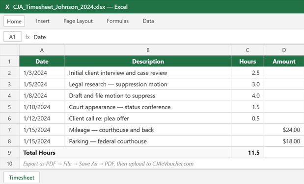 Excel timesheet with Date, Description, Hours and Amount columns