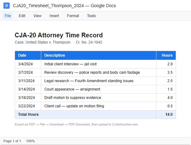 Google Docs timesheet for CJA-20 attorney
