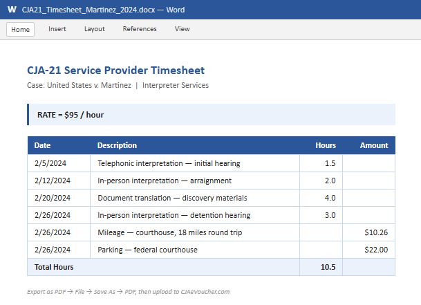 Word document timesheet for CJA-21 service provider with hourly rate