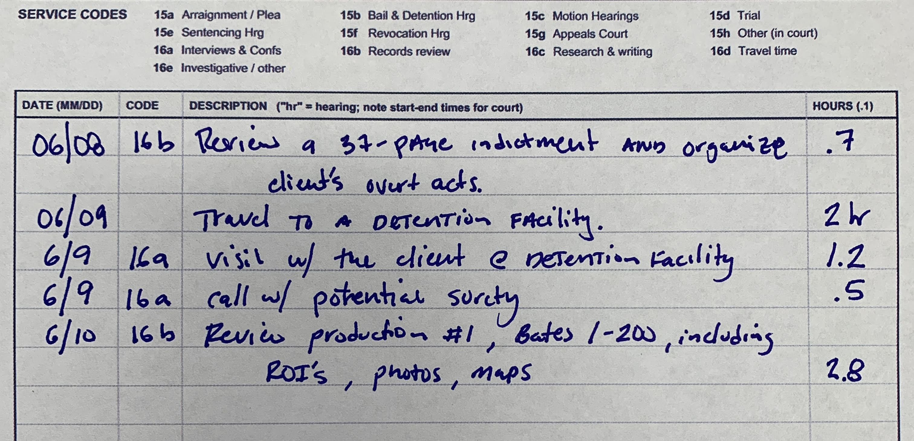 Handwritten CJA-20 timesheet